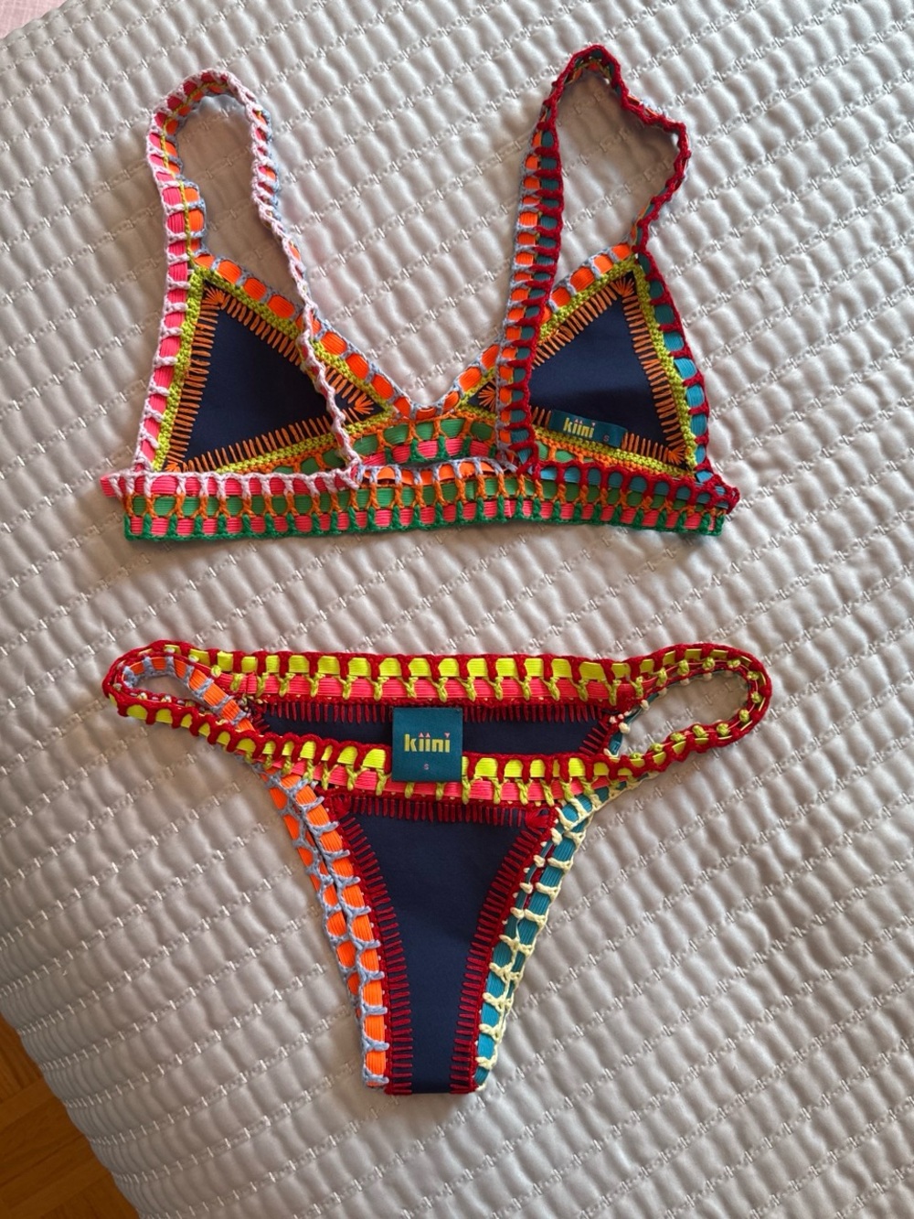 KIINI Navy Crochet-Trim Bikini with Neon Multicolor Stitching